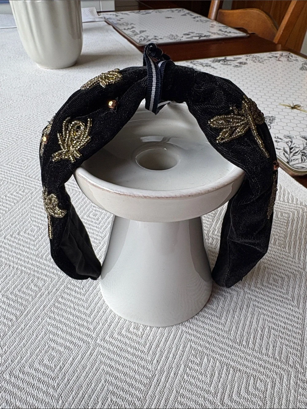 Joules Black Knotted Headband with Gold Bead Embroidery